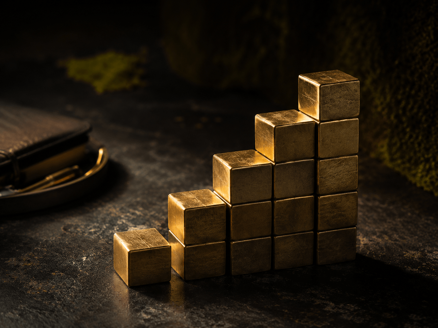 Stacked brass cubes on a dark stone table