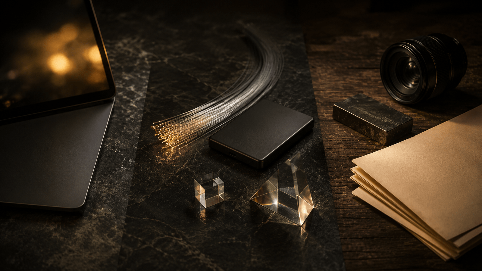 Three dark studio material zones for software, data, and media work
