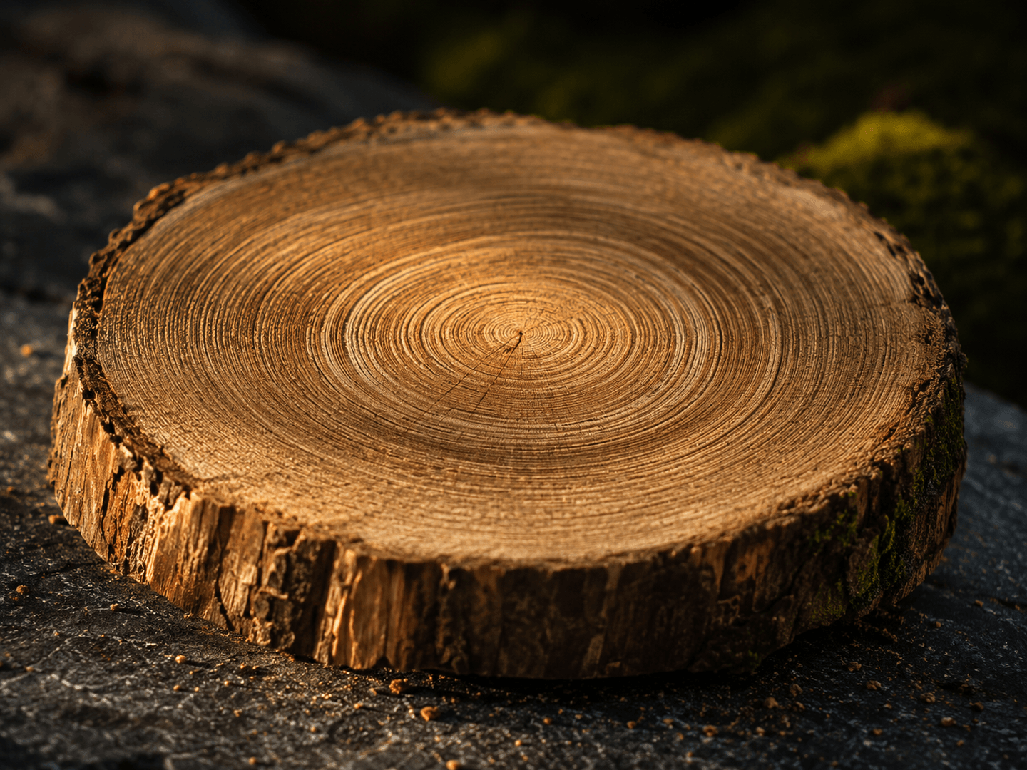 Annual rings on a cut tree cross-section under warm side light